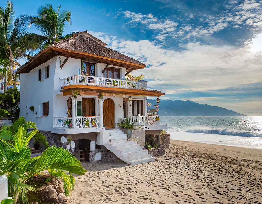 Beachfront property in Puerto Vallarta with a stunning view of the ocean, surrounded by palm trees and a clear blue sky.