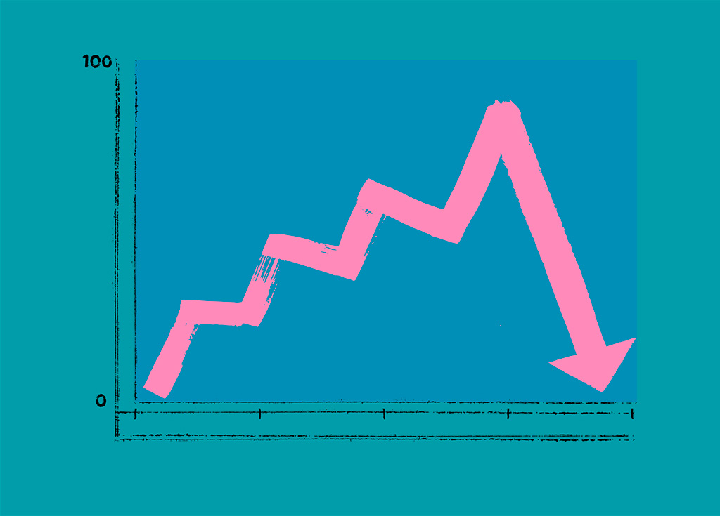 A line chart displaying a pink line indicating changes with a noticeable drop, towards the end set against a teal backdrop.